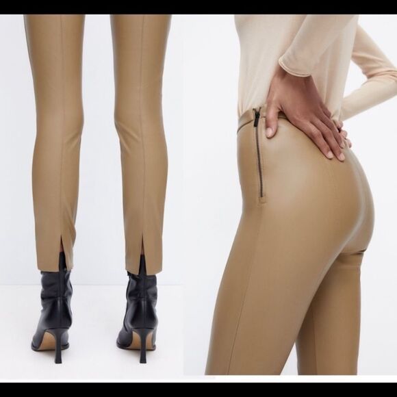 Zara Taupe brown vegan faux leather leggings zipper slit hem Sz L - Picture 2 of 15